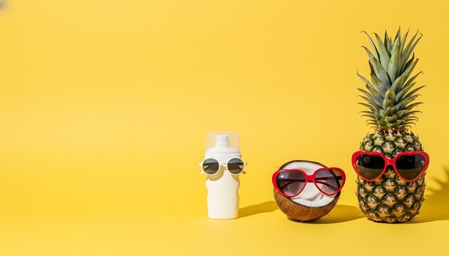 Title bright summer still life sunscreen sunglasses and pineapple on a yellow background description a vibrant still life featuring summer essentials sunscreen