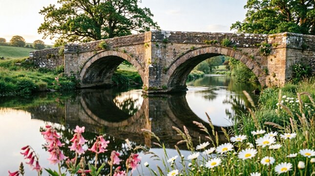Ancient stone double arch bridge spanning peaceful river in lush countryside landscape. Wildflowers bloom in foreground with perfect water reflections. Idyllic rural English scenery with verdant meado