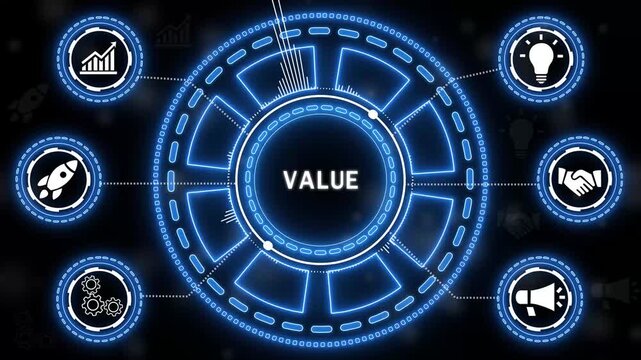 Animated value proposition infographic illustrating business growth and strategic concepts on black background.4k video.