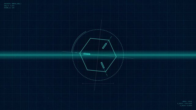 Abstract technological blueprint animation of a rotating geometric shape on a dark grid background with glowing lines and data points