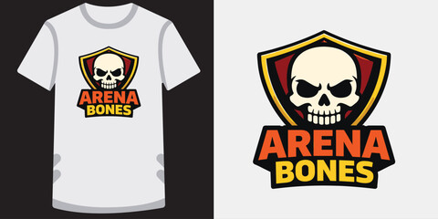 Fototapeta premium Skull in shield with text arena bones logo vector illustration.