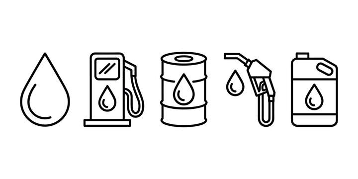 Black and white line of oil and gas including a drop of oil a gas pump a barrel a nozzle and a can fuel in white background