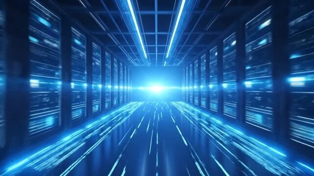 Futuristic data center with server racks and glowing blue lights, a modern technology concept.