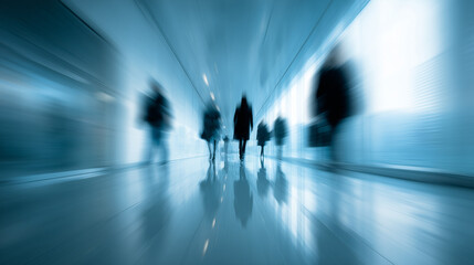 Fototapeta premium Blurred silhouettes walking in modern corridor, capturing motion, urban life, anonymity, and futuristic atmosphere with cool blue tones.