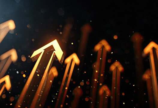 Abstract golden arrows ascend against a dark, sparkly background