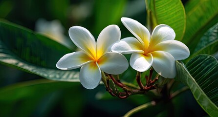 Fototapeta premium Two delicate white and yellow blossoms on lush green foliage
