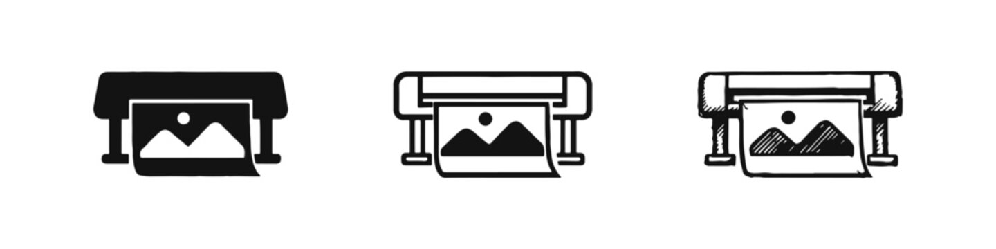 Large Format Printer Icon Set: Plotter Printing Image and Document Output for Design and Graphics