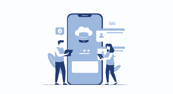 People working together on a mobile phone cloud computing concept.