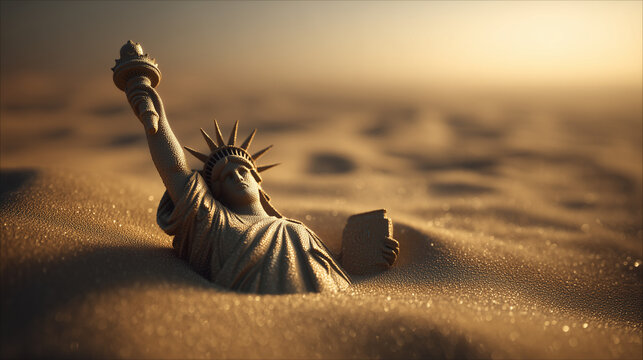 Statue of Liberty buried in desert sand at sunset, symbolizing decline, climate change, and dystopian future in dramatic surreal landscape.