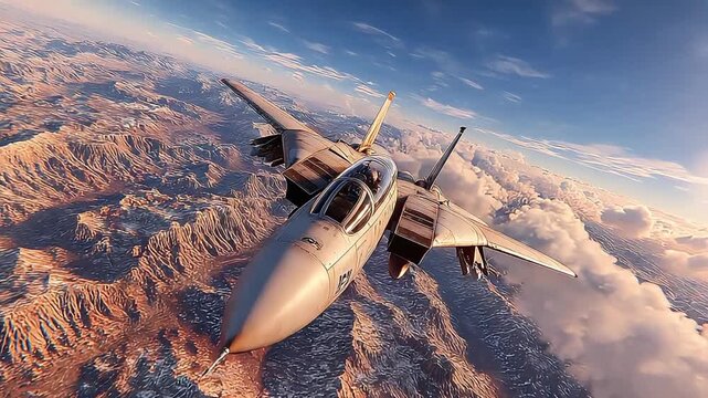 A powerful jet fighter flies through a dramatic mountain range, evoking a feeling of freedom, strength, and technological advancement, perfect for mar