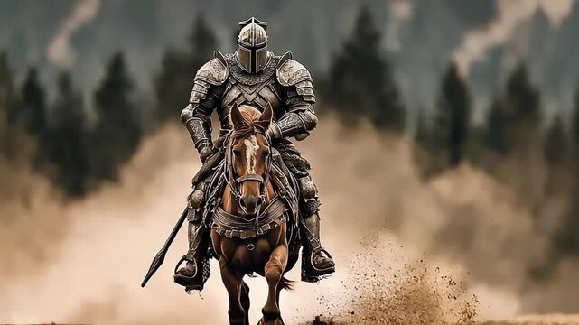 A majestic knight rides a powerful horse through a misty forest, conveying strength, determination, and readiness for adventure. Ideal for fantasy the