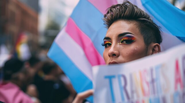 Person with vibrant makeup holds transgender flag and sign at pride event