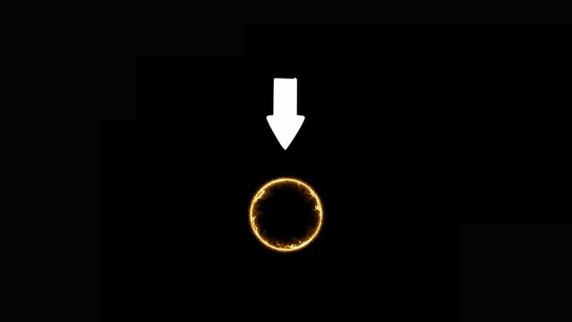 Solar eclipse with white arrow pointing down moon