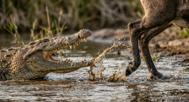 Crocodile lunges from water to attack a wildebeest leg in a dramatic hunt