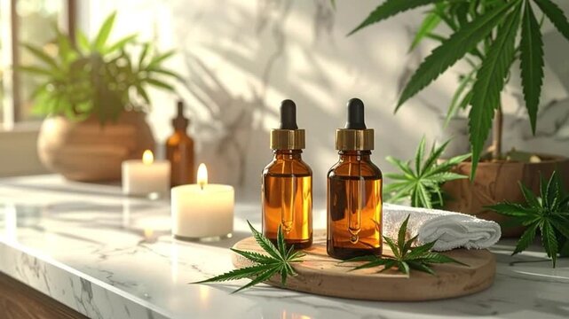 Aromatherapy setup featuring cbis leaves, essential oil bottles, candles, and a towel on a marble surface.