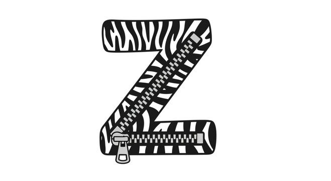 Letter Z Vector Illustration with Zebra Print and Zipper Design, Playful Alphabet Graphic for Educational Content and Creative Branding