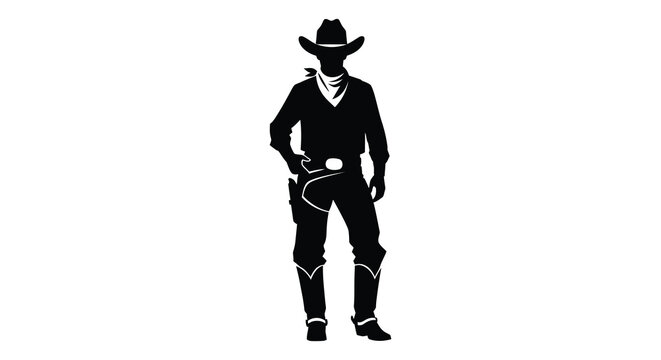 A detailed black silhouette of a cowboy standing with hands on hips