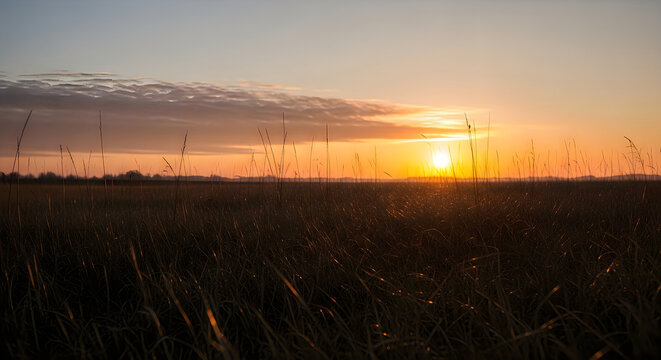 serene sunset over field with tall grass