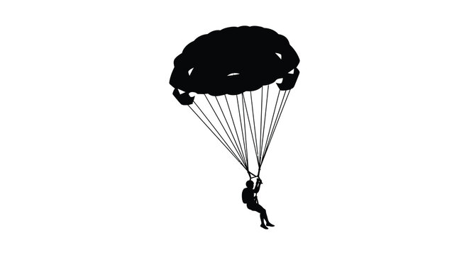 A black silhouette of a parachutist descending from the sky silhouette