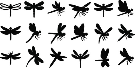 Collection of black dragonfly silhouettes in various poses and styles insect white background © Graphic Shops