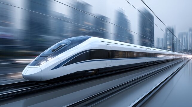 High-Speed Train Moving Through Urban Landscape in Misty Weather