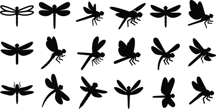 Collection of black dragonfly silhouettes in various poses and styles insect white background