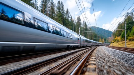 Fototapeta premium High-Speed Train Racing Through Scenic Forest Landscape