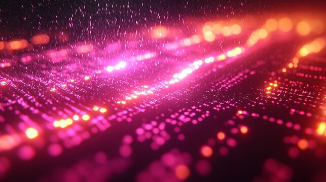 Bright pink and orange particles flow in a dynamic digital stream.