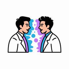 Fototapeta premium Two professional scientists in lab coats engaged in productive dialogue facing each other with abstract blue and purple speech bubble shapes on a clean white background