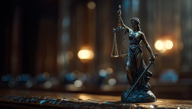 Bronze statue of justice with sword and scales in dimly lit room