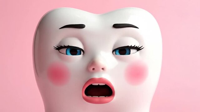 A surprised cartoon tooth with a face on a vibrant pink background, dental health concept.