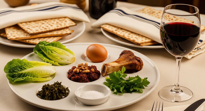 Classic Passover Seder plate featuring symbolic foods, matzah, and red wine for a Jewish holiday celebration