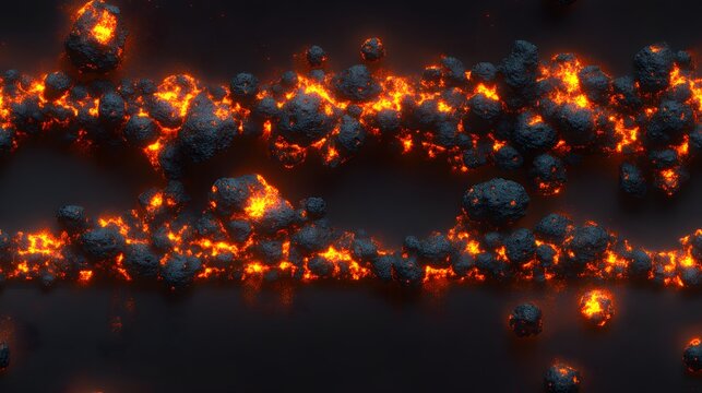 Molten rock fragments float in a dark void resembling a cosmic asteroid belt.