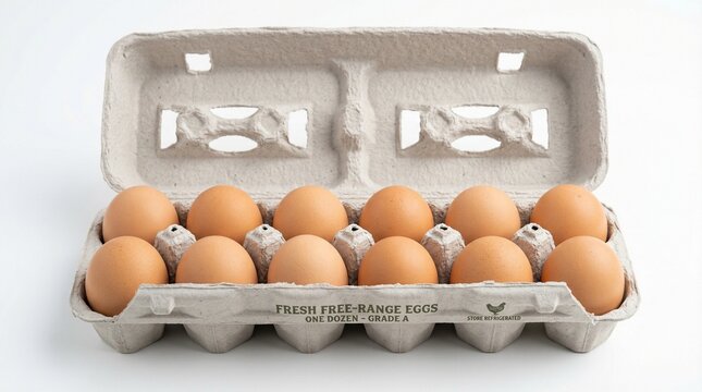 Dozen brown chicken eggs in an open recycled cardboard carton isolated on white.
