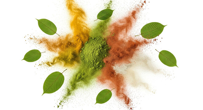 Mitragyna Speciosa leaves with an explosion of vibrant botanical powders, healthy natural supplement concept