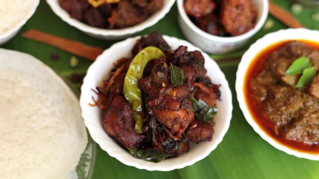 Top view of non veg sadhya sadya white rice appam chicken fry, beef fry,  fish curry. Kerala special Indian food. Fish fry beef pork cutlet. Asian cuisine. Kerala, Goan fish curry clay pot. 