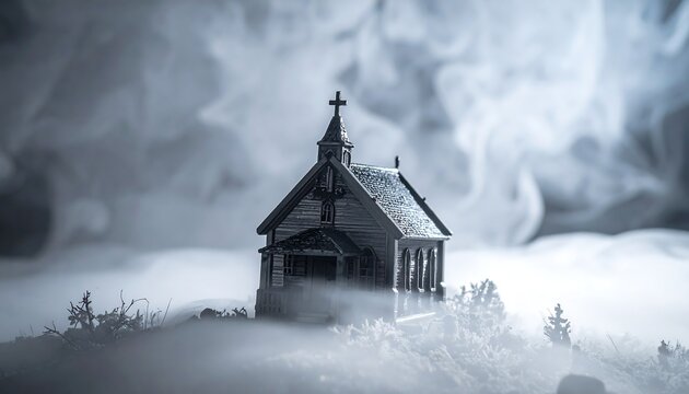 Miniature church shrouded in swirling fog, on a small hill, under an overcast sky