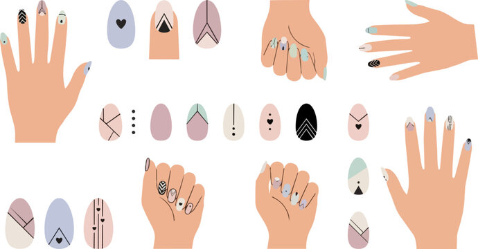 Hands with nail art designs.