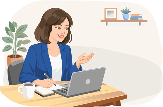 A smiling young professional woman working from home using a laptop while taking notes. She appears to be engaged in an online meeting or virtual communication. The scene represents remote work, freel