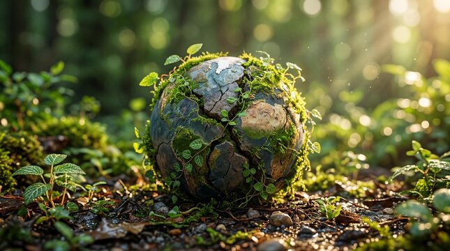 Cracked earth ball with green moss and plants in forest symbolizing nature and environment