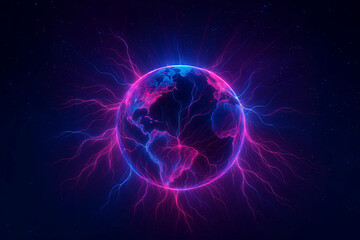 Naklejka premium Futuristic Digital Earth with Vibrant Neon Electric Energy Arcs. Abstract Glowing Energy Sphere of Earth with Pink and Blue Lightning.