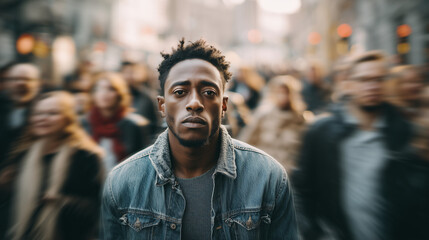 Obraz premium Black man standing still in a busy city street, surrounded by motion blur crowds, expressing loneliness, isolation, and urban mental health struggle.