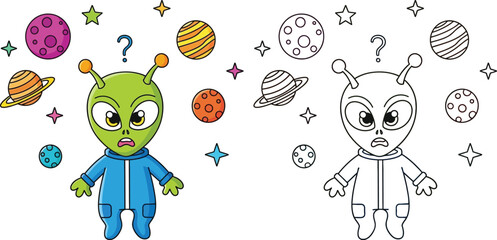 Confused Alien with Planets and Stars Cartoon Vector Illustration © Snehashish Pritom