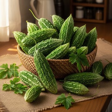 Fresh Bitter Melon Harvested And Displayed In A Wicker Basket
