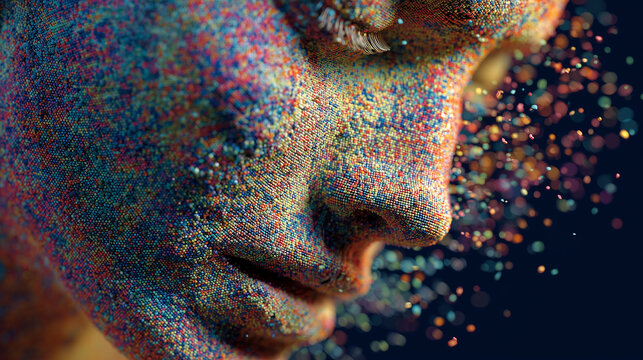 Abstract portrait of human face with colorful particles and light trails, representing digital transformation, data flow, artificial intelligence, and futuristic concept.