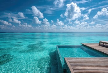 Fototapeta premium Turquoise infinity pool overlooks crystal clear ocean under a cloudy sky