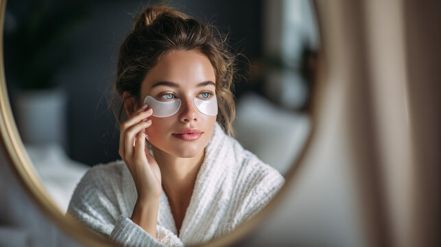 Woman applying eye patches in front of mirror during morning skincare routine at home, reflecting self care, beauty, and healthy glowing skin lifestyle.