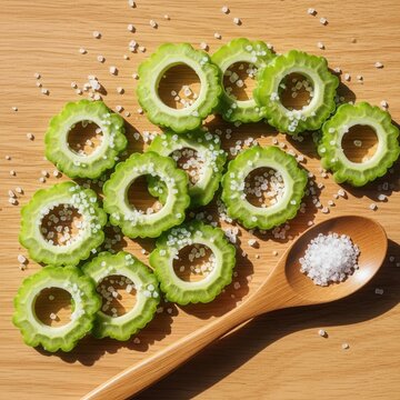 Fresh Bitter Melon Slices Prepared for Culinary Use With Sea Salt Sprinkled On A Wooden Surface