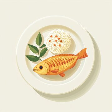 Traditional Panta Ilish Meal Illustration on White Plate for Pohela Boishakh