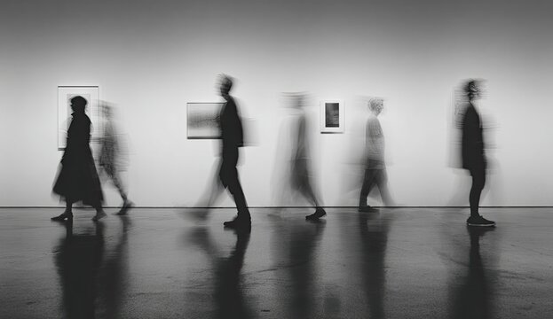 Silhouetted figures in motion within a stark art gallery
